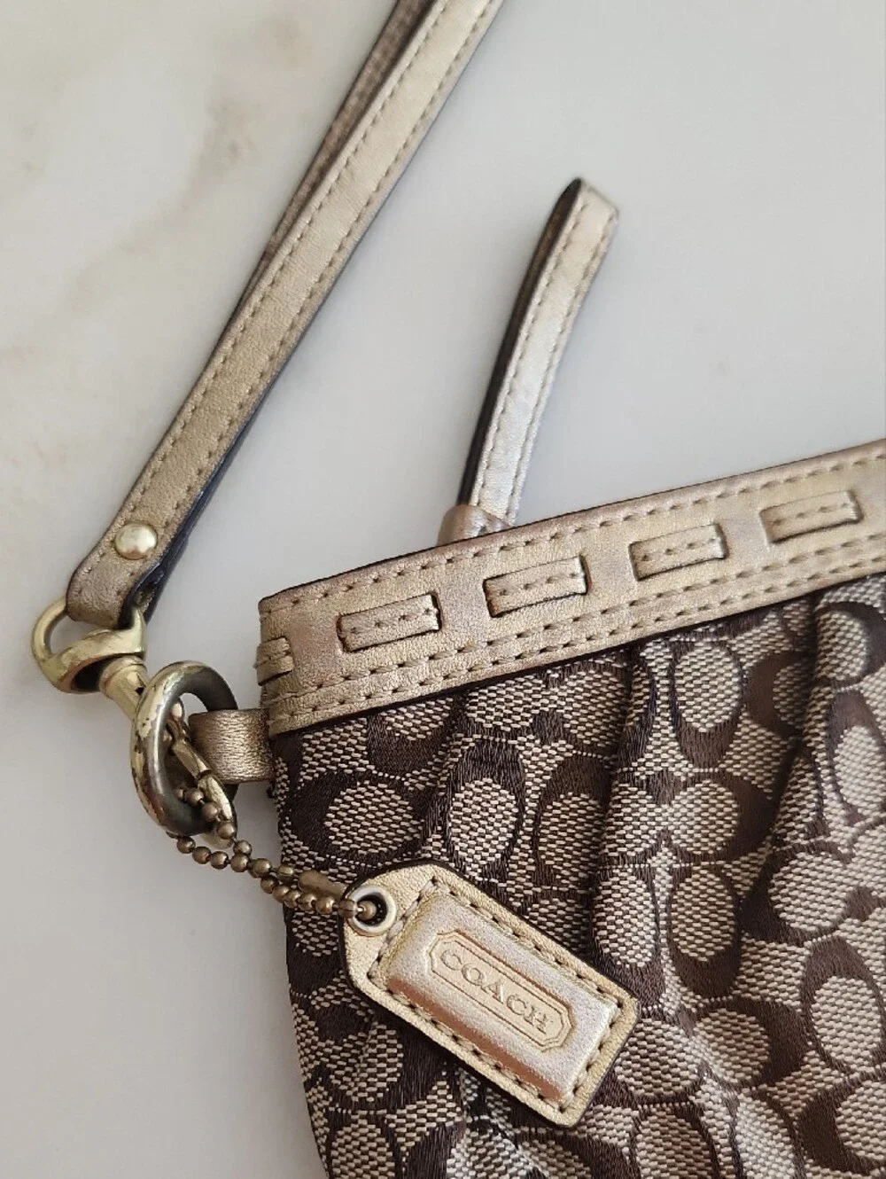 Coach Brown Signature Logo Wristlet with Metallic Trim